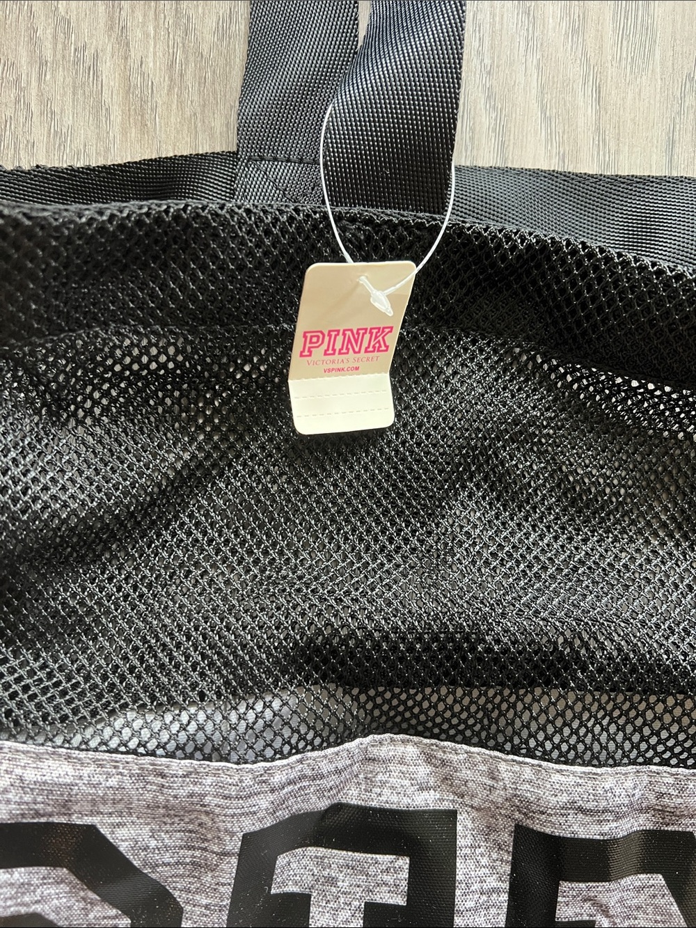 NWT PINK Victoria's Secret Grey & Black Mesh Logo Tote - Picture 2 of 5